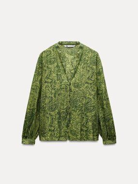 Zara Paisley Print Sheer Blouse with Gold Detail| Size Medium | NWT